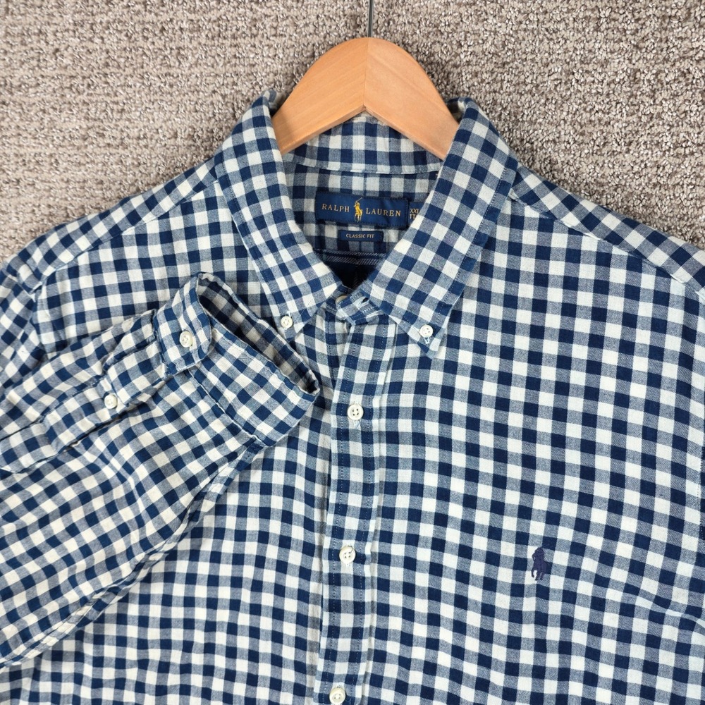 Ralph Lauren Mens XXL Soft Flannel 2 Layer Blue Gingham Long Sleeve Button Down